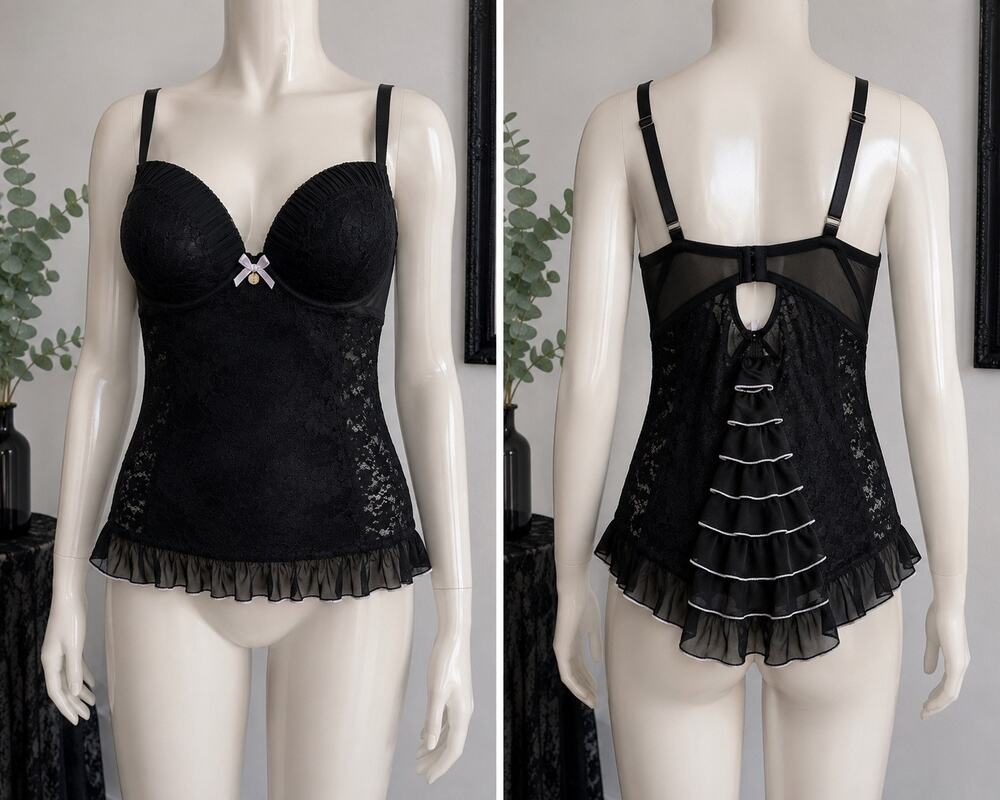 Jessica Simpson Blk Lace Bustier Cami Top 3X Pad Bra Sheer Lace Babydoll Pinup
